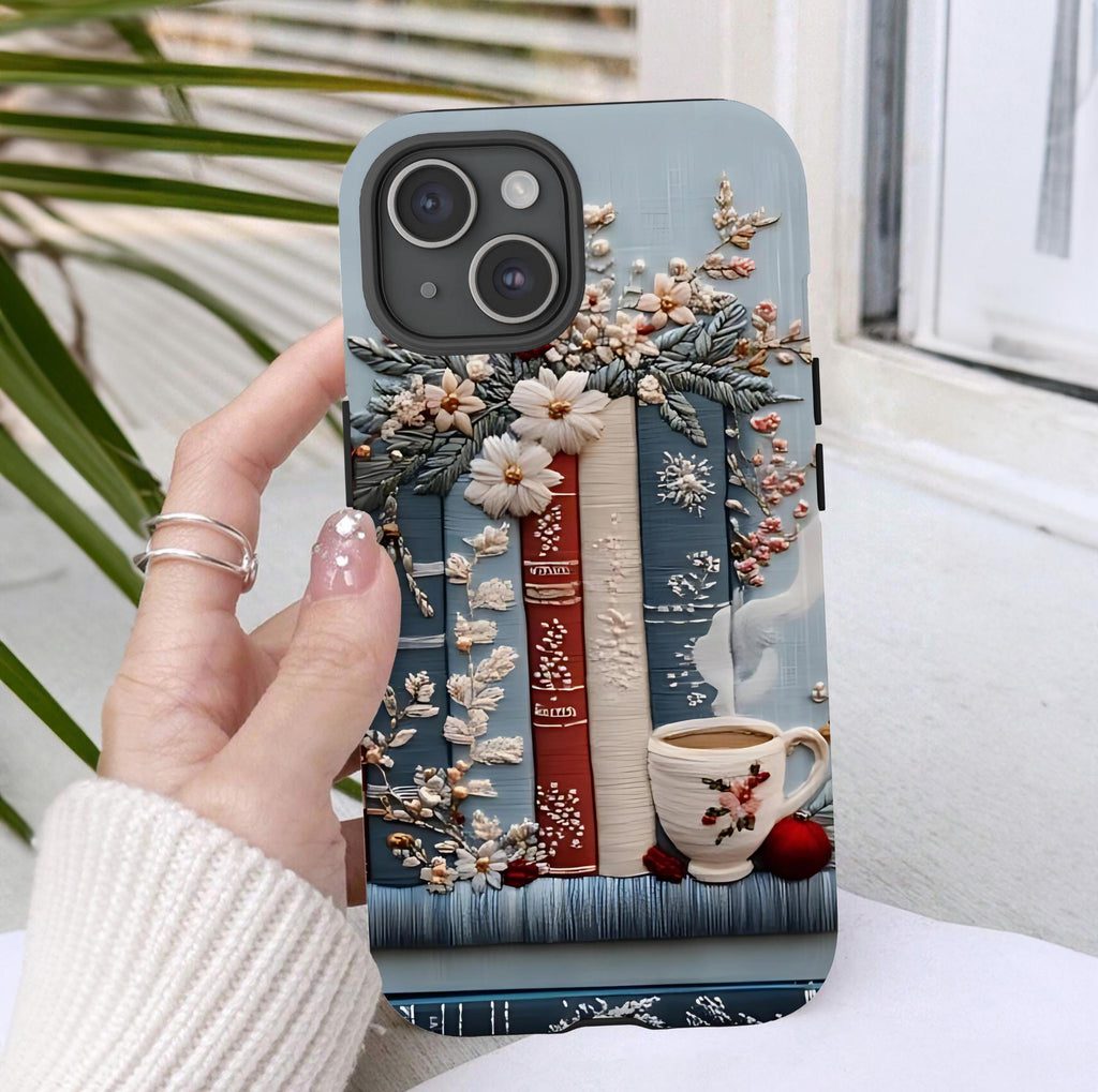 Boho Faux Embroidered phone case, Bookish Blue Jea Coffee Lover, Floral iPhone Galaxy Pixel