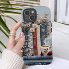Boho Faux Embroidered phone case, Bookish Blue Jea Coffee Lover, Floral iPhone Galaxy Pixel