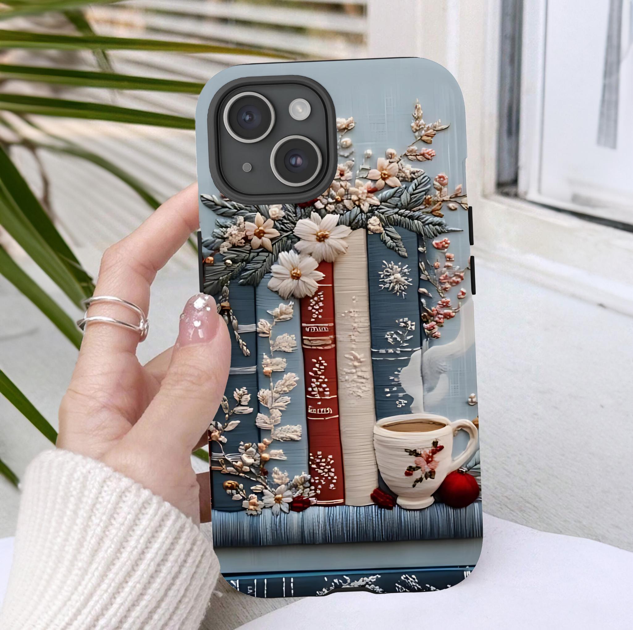 Boho Faux Embroidered phone case, Bookish Blue Jea Coffee Lover, Floral iPhone Galaxy Pixel