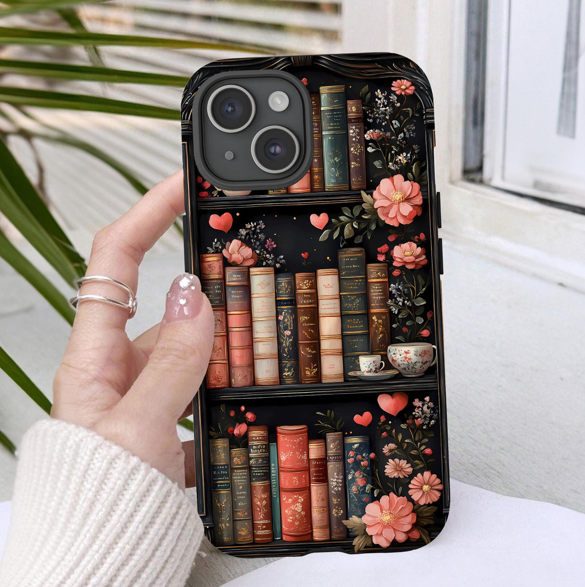 Vintage Library Bookshelf Phone Case, Elegant Floral Bookish, Book Lovers Gift iPhone Galaxy Pixel