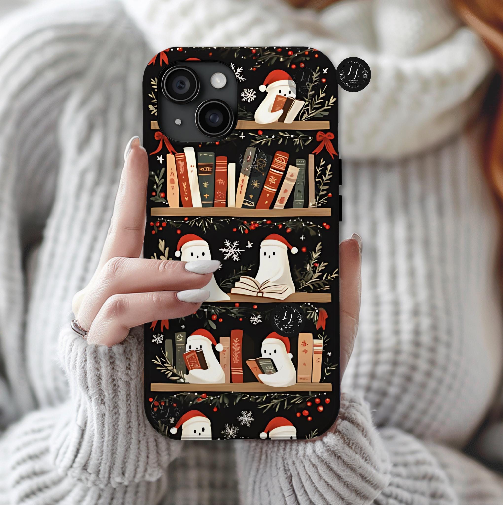 Bookshelf Ghost Christmas Phone Case, Bookish Cover, Floral Holiday Books iPhone Galaxy, Pixel