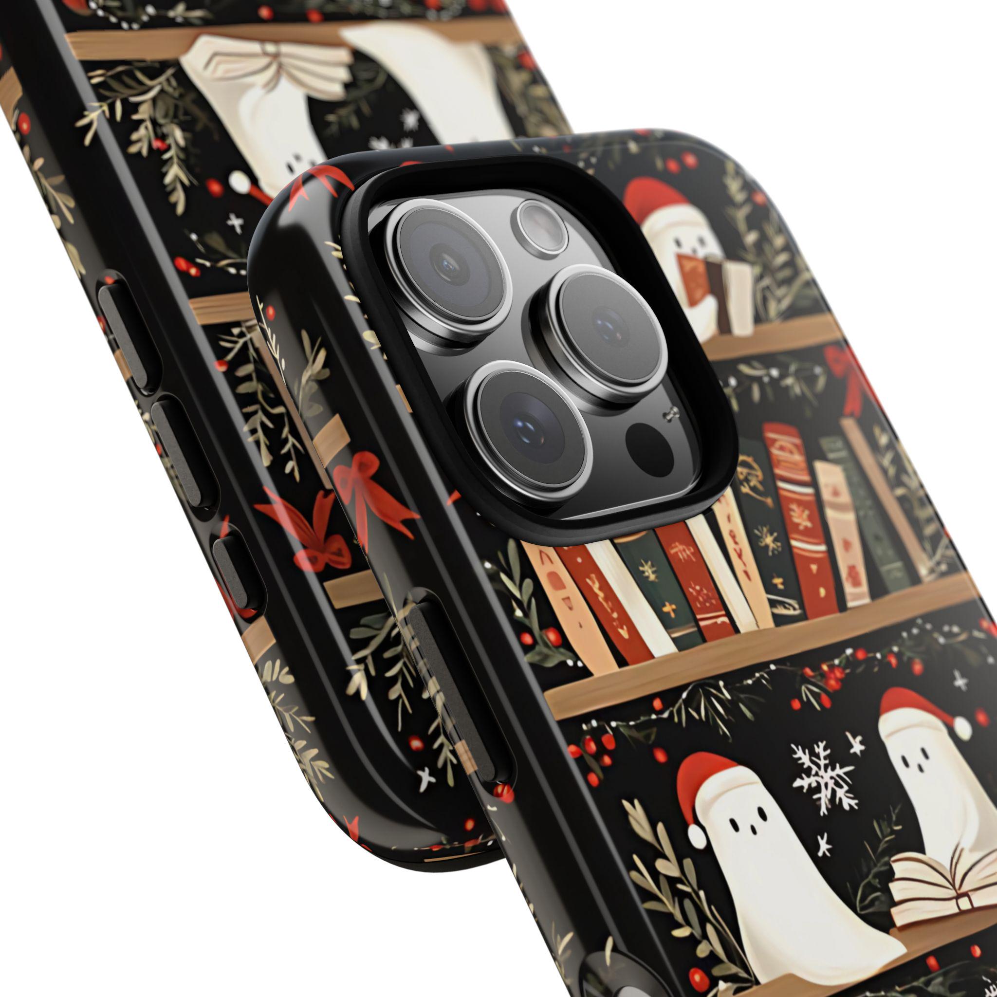 Bookshelf Ghost Christmas Phone Case, Bookish Cover, Floral Holiday Books iPhone Galaxy, Pixel