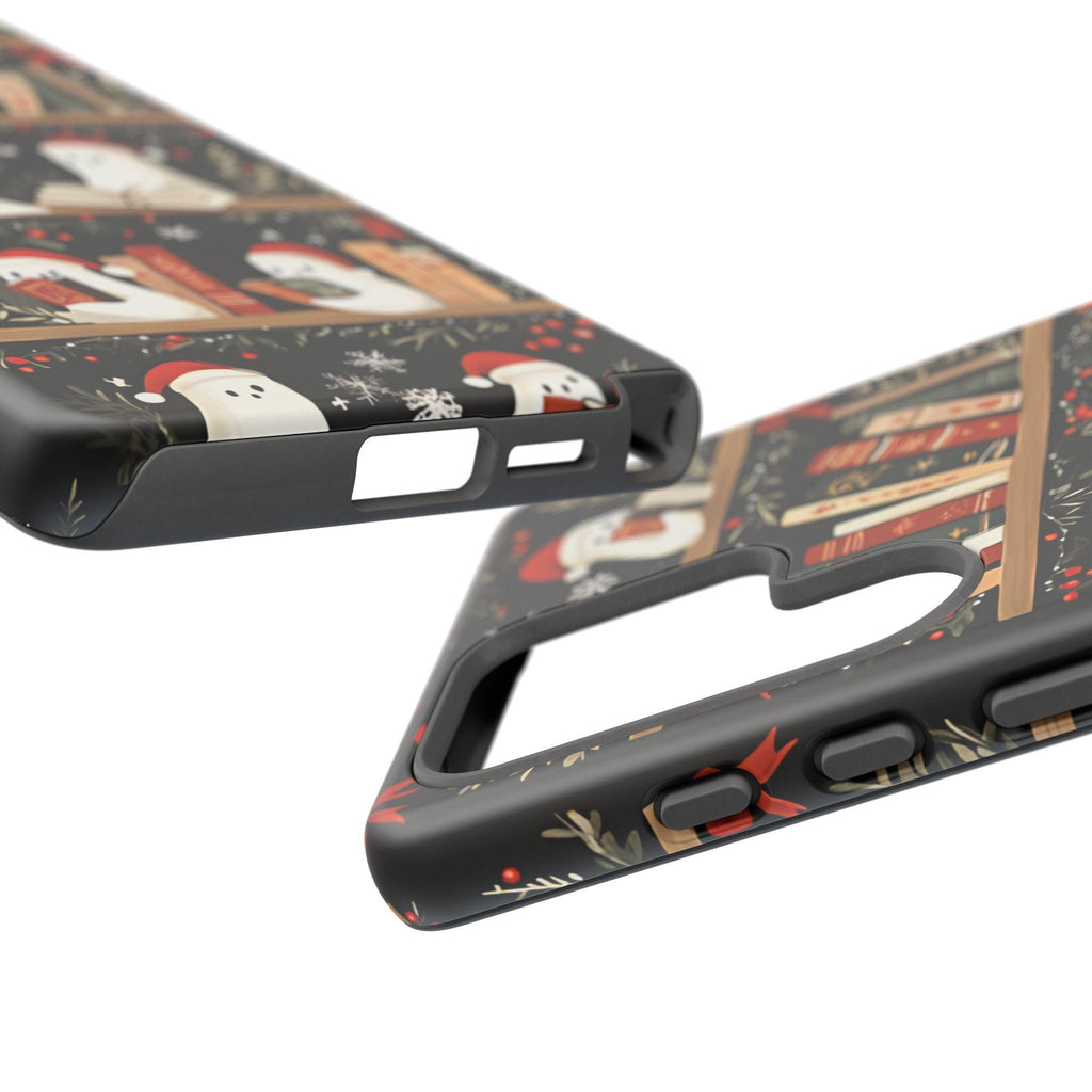 Bookshelf Ghost Christmas Phone Case, Bookish Cover, Floral Holiday Books iPhone Galaxy, Pixel