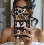 Bookshelf Ghost Christmas Phone Case, Bookish Cover, Floral Holiday Books iPhone Galaxy, Pixel