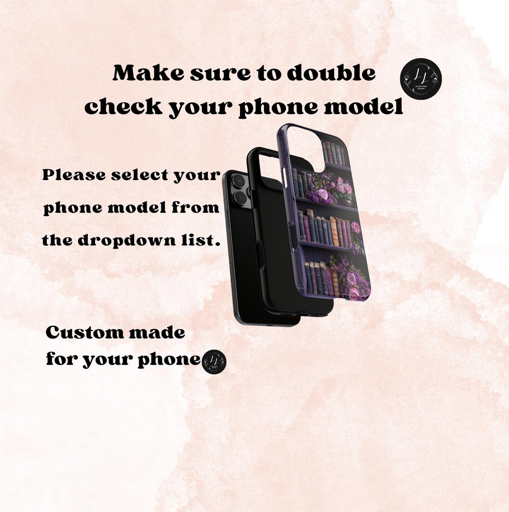 Purple Bookshelf Floral Phone Case, Book Lover Gift