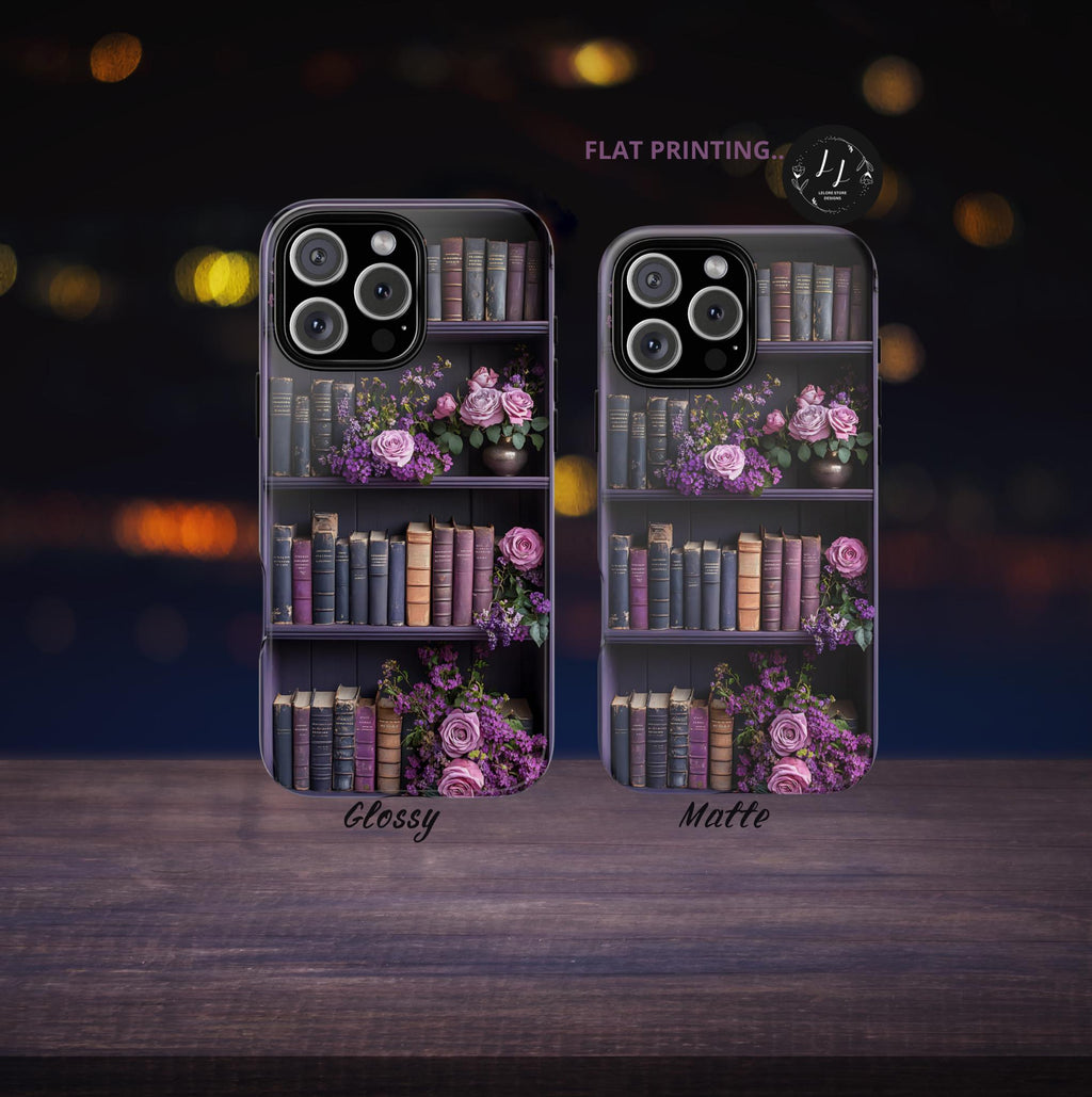 Purple Bookshelf Floral Phone Case, Book Lover Gift
