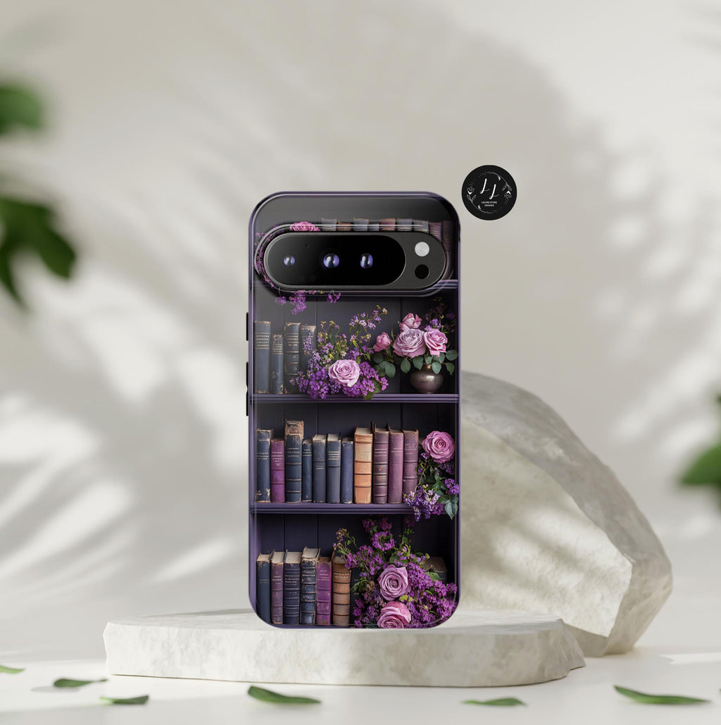 Purple Bookshelf Floral Phone Case, Book Lover Gift