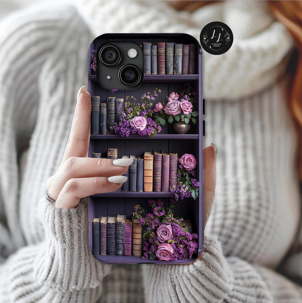 Purple Bookshelf Floral Phone Case, Book Lover Gift