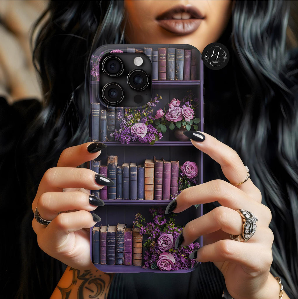Purple Bookshelf Floral Phone Case, Book Lover Gift