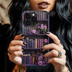 Purple Bookshelf Floral Phone Case, Book Lover Gift