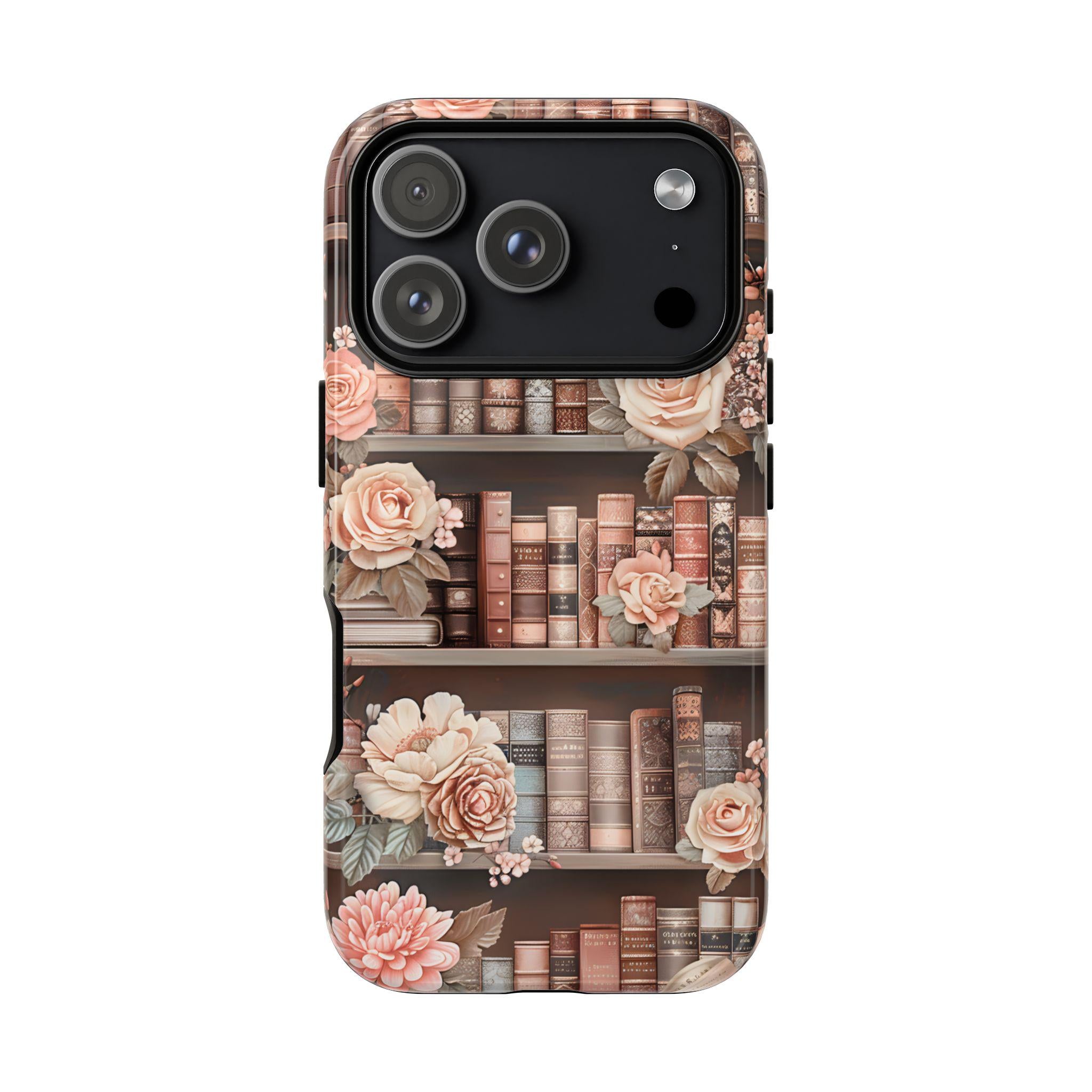 Book Phone Case Boho Floral Bookish Bookshelf Cover, Brown Library iPhone, Galaxy Pixel,