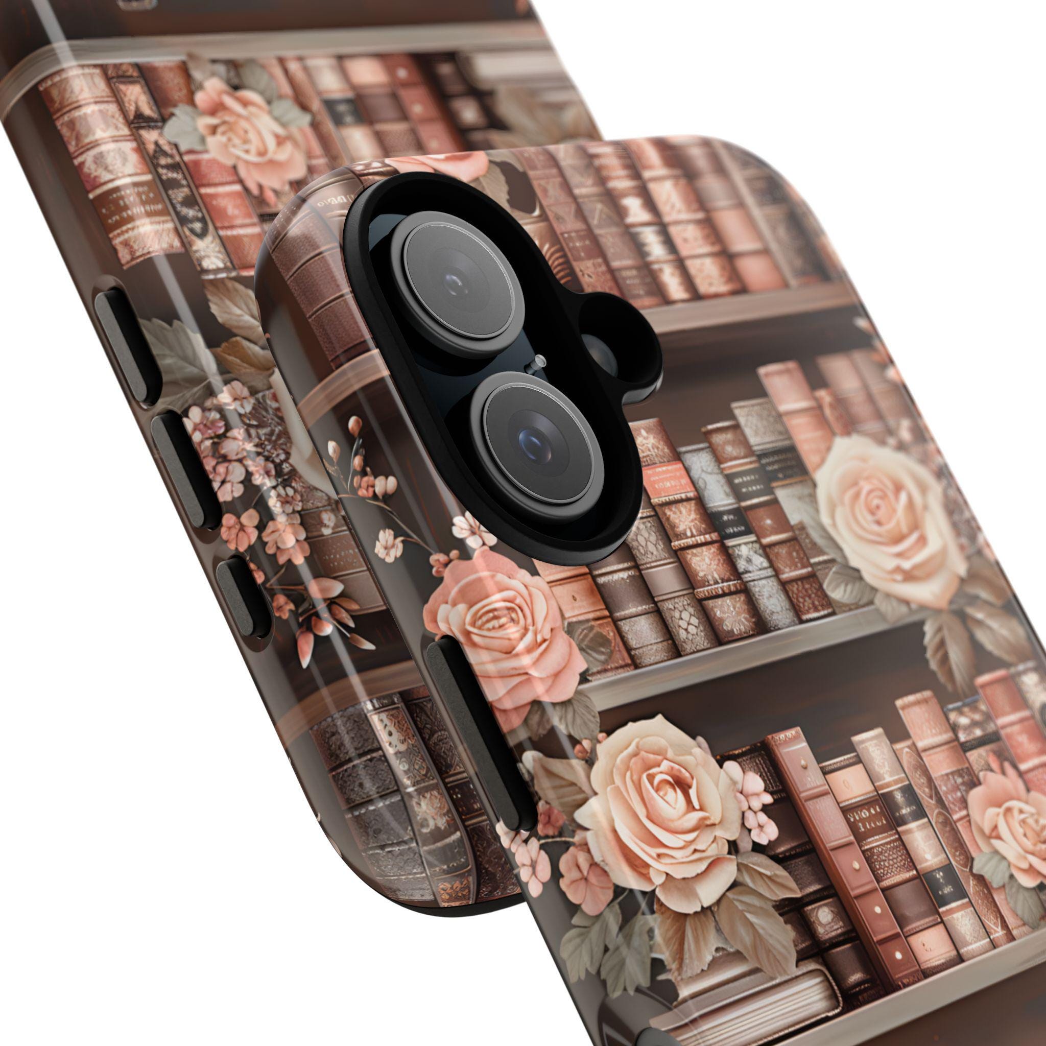 Book Phone Case Boho Floral Bookish Bookshelf Cover, Brown Library iPhone, Galaxy Pixel,