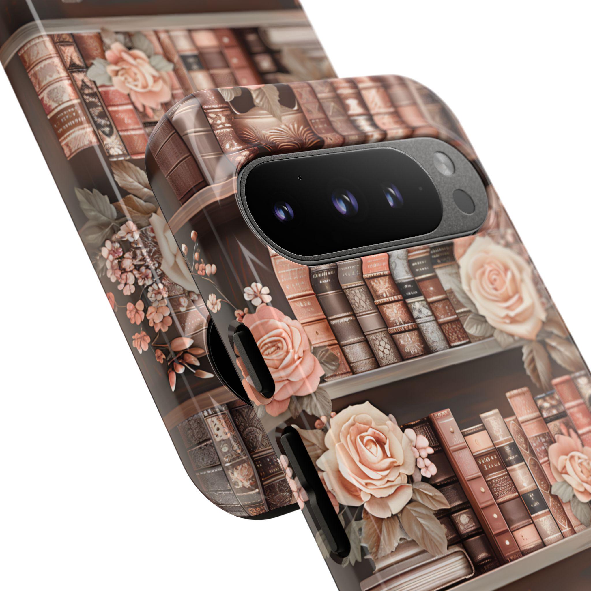 Book Phone Case Boho Floral Bookish Bookshelf Cover, Brown Library iPhone, Galaxy Pixel,