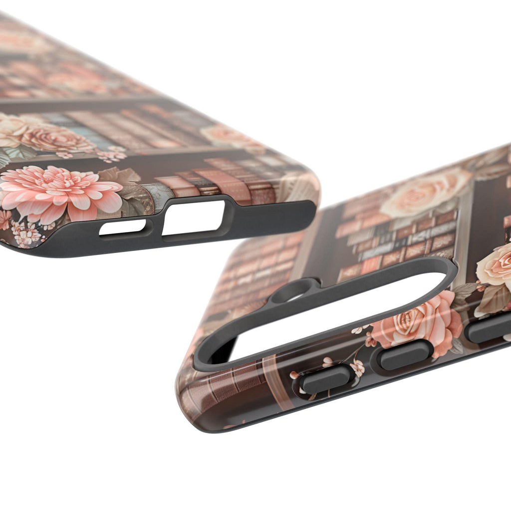 Book Phone Case Boho Floral Bookish Bookshelf Cover, Brown Library iPhone, Galaxy Pixel,
