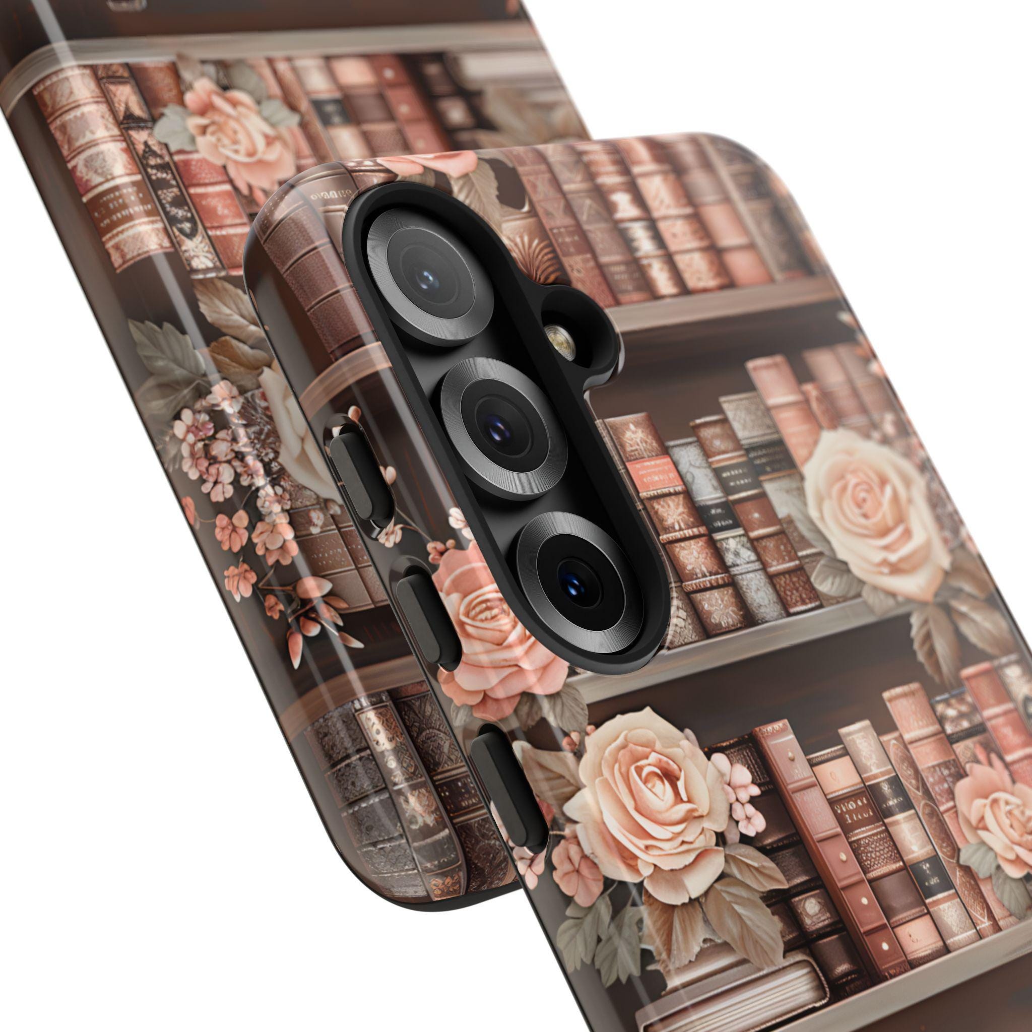 Book Phone Case Boho Floral Bookish Bookshelf Cover, Brown Library iPhone, Galaxy Pixel,