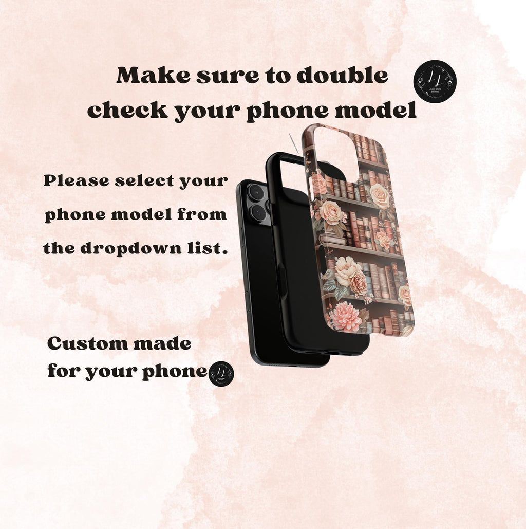 Book Phone Case Boho Floral Bookish Bookshelf Cover, Brown Library iPhone, Galaxy Pixel,
