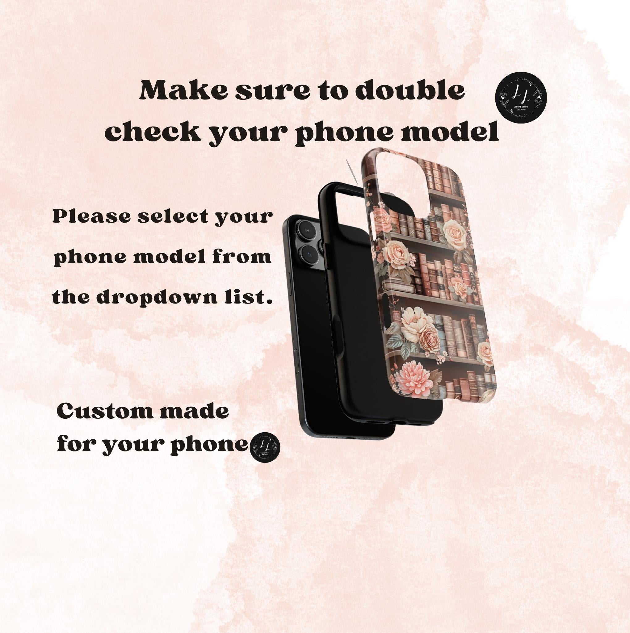 Book Phone Case Boho Floral Bookish Bookshelf Cover, Brown Library iPhone, Galaxy Pixel,