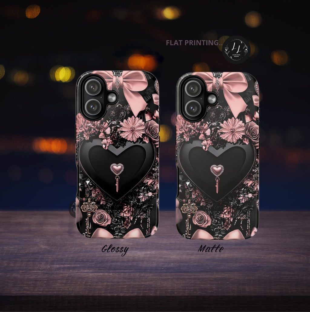 Bling Black Heart Phone Case: Pink Bows Mosaic, Valentine's Gift iPhone Galaxy Pixel cover