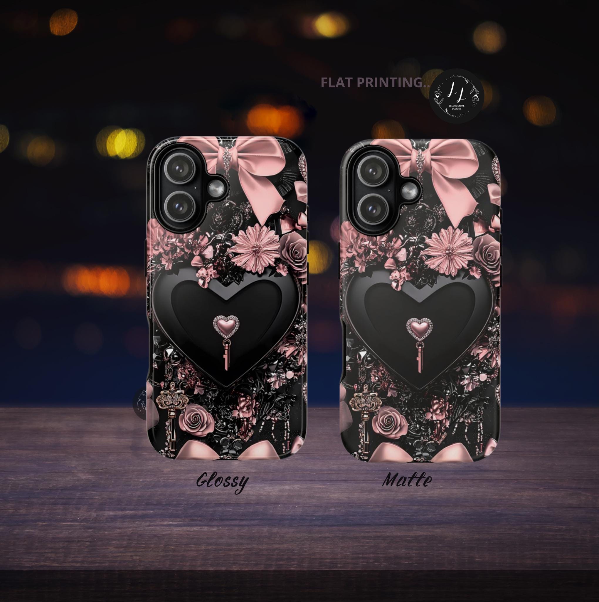 Bling Black Heart Phone Case: Pink Bows Mosaic, Valentine's Gift iPhone Galaxy Pixel cover