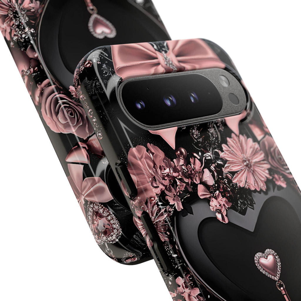 Bling Black Heart Phone Case: Pink Bows Mosaic, Valentine's Gift iPhone Galaxy Pixel cover