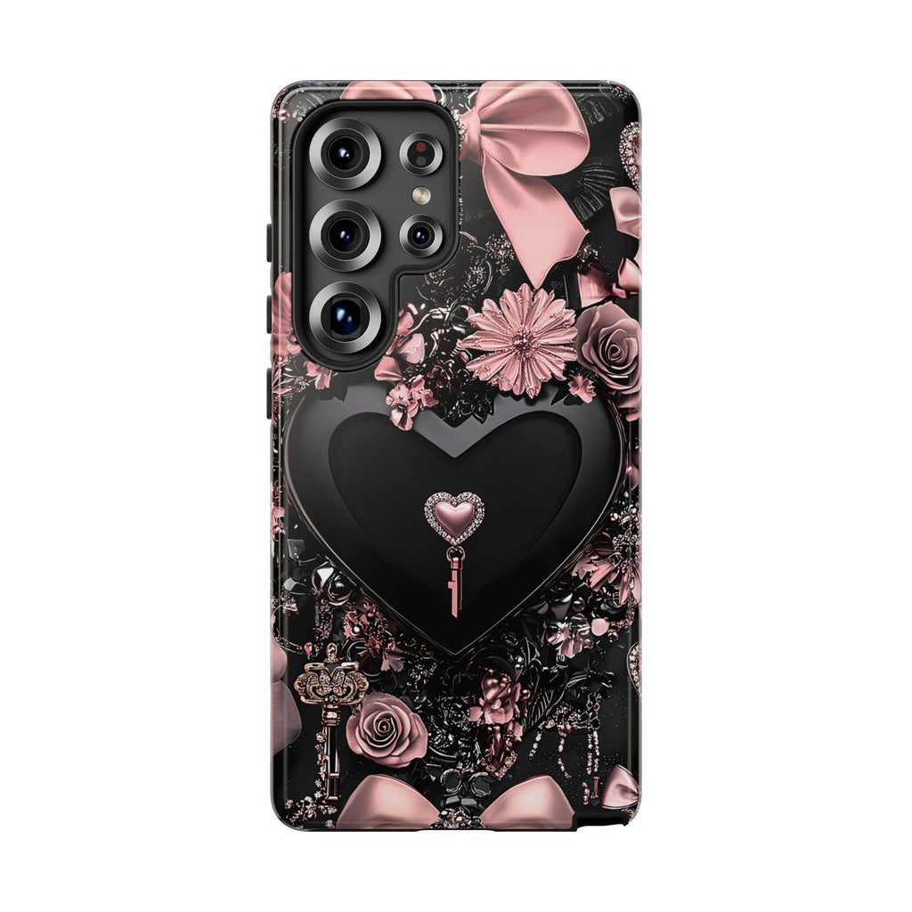 Bling Black Heart Phone Case: Pink Bows Mosaic, Valentine's Gift iPhone Galaxy Pixel cover
