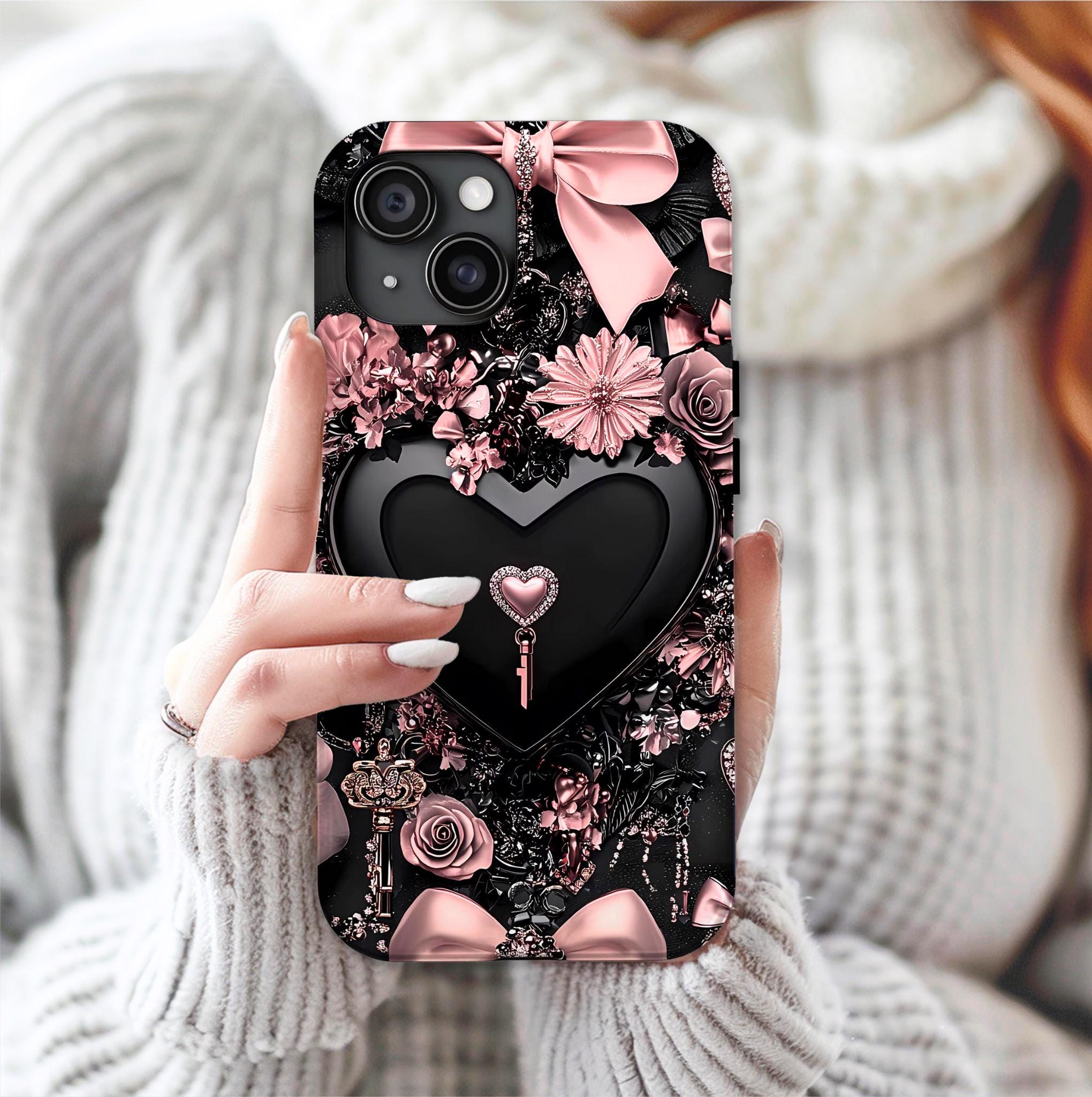 Bling Black Heart Phone Case: Pink Bows Mosaic, Valentine's Gift iPhone Galaxy Pixel cover