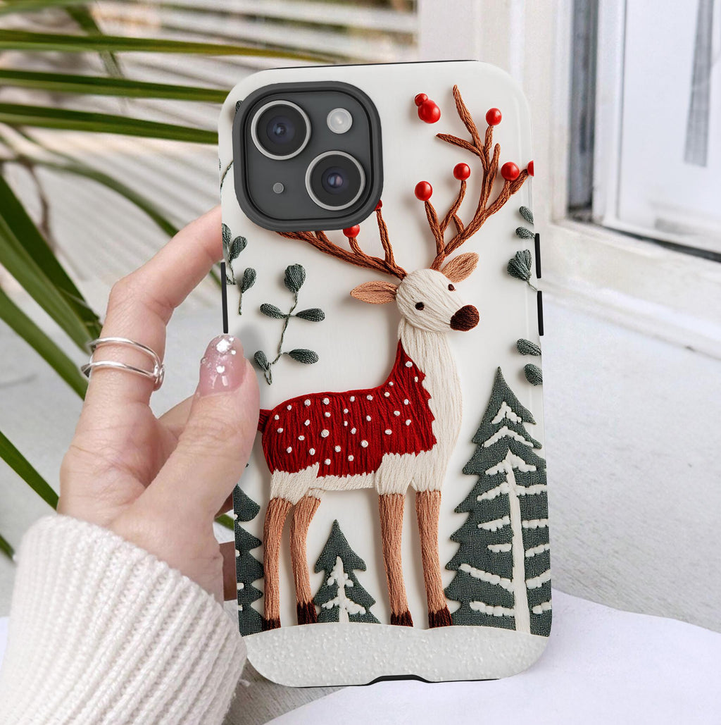 Christmas Phone Case, Reindeer Design Faux Embroidery Effect, a Cheerful Winter, Holiday iPhone Samsung Pixel