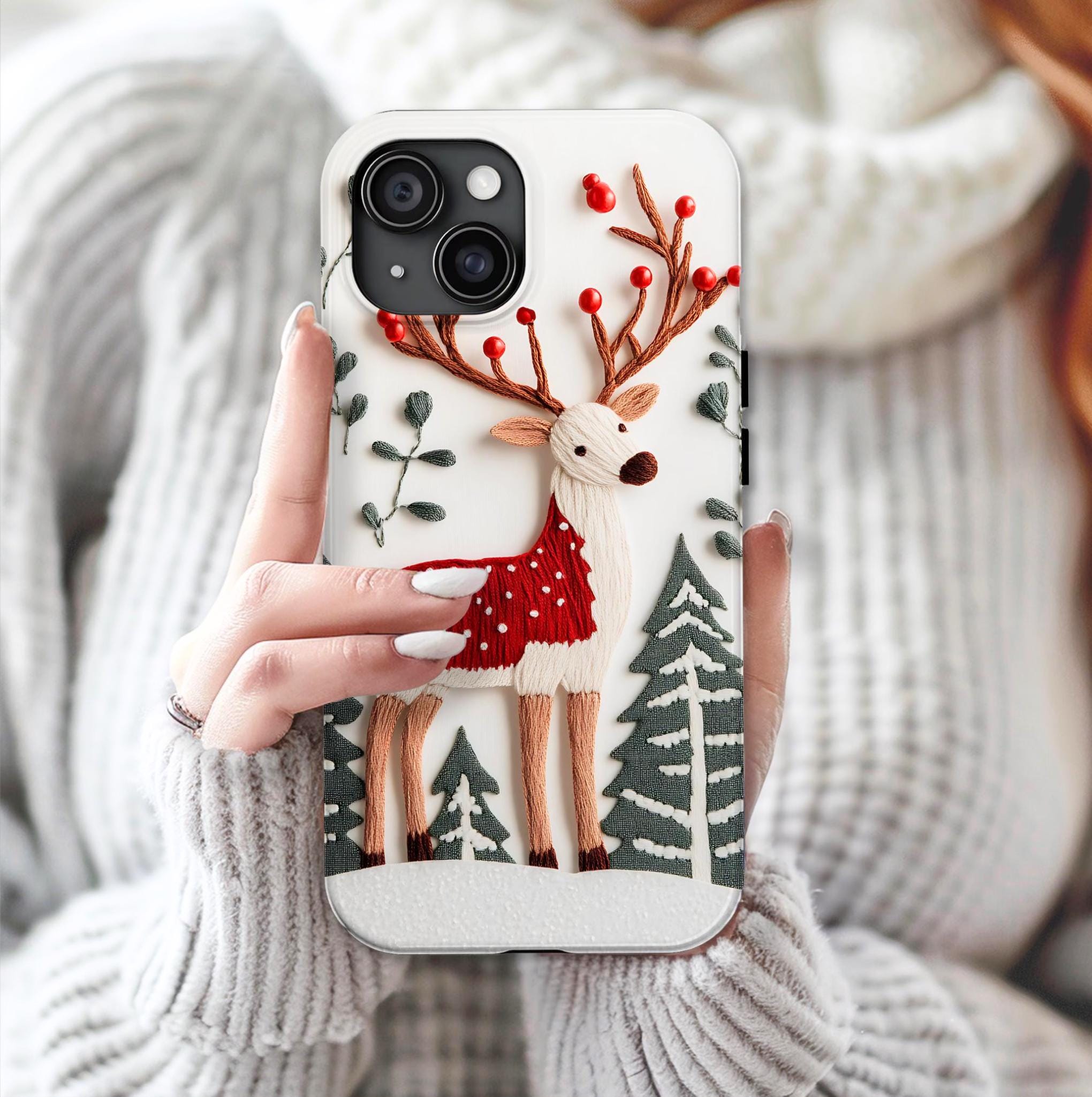 Christmas Phone Case, Reindeer Design Faux Embroidery Effect, a Cheerful Winter, Holiday iPhone Samsung Pixel