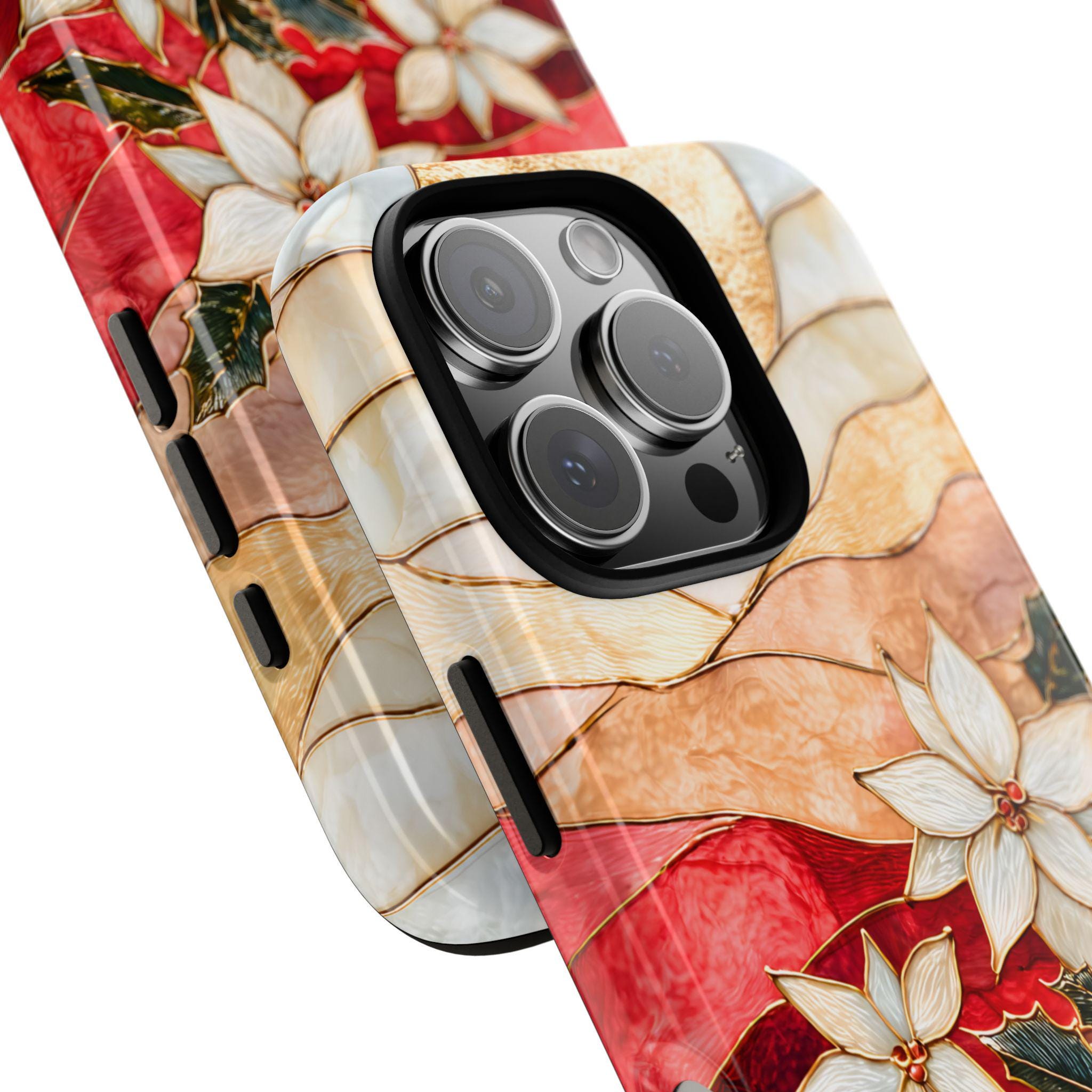 Poinsettia Stained Glass Christmas Phone Case: Festive Floral Cover iPhone Galaxy Pixel Red Gift