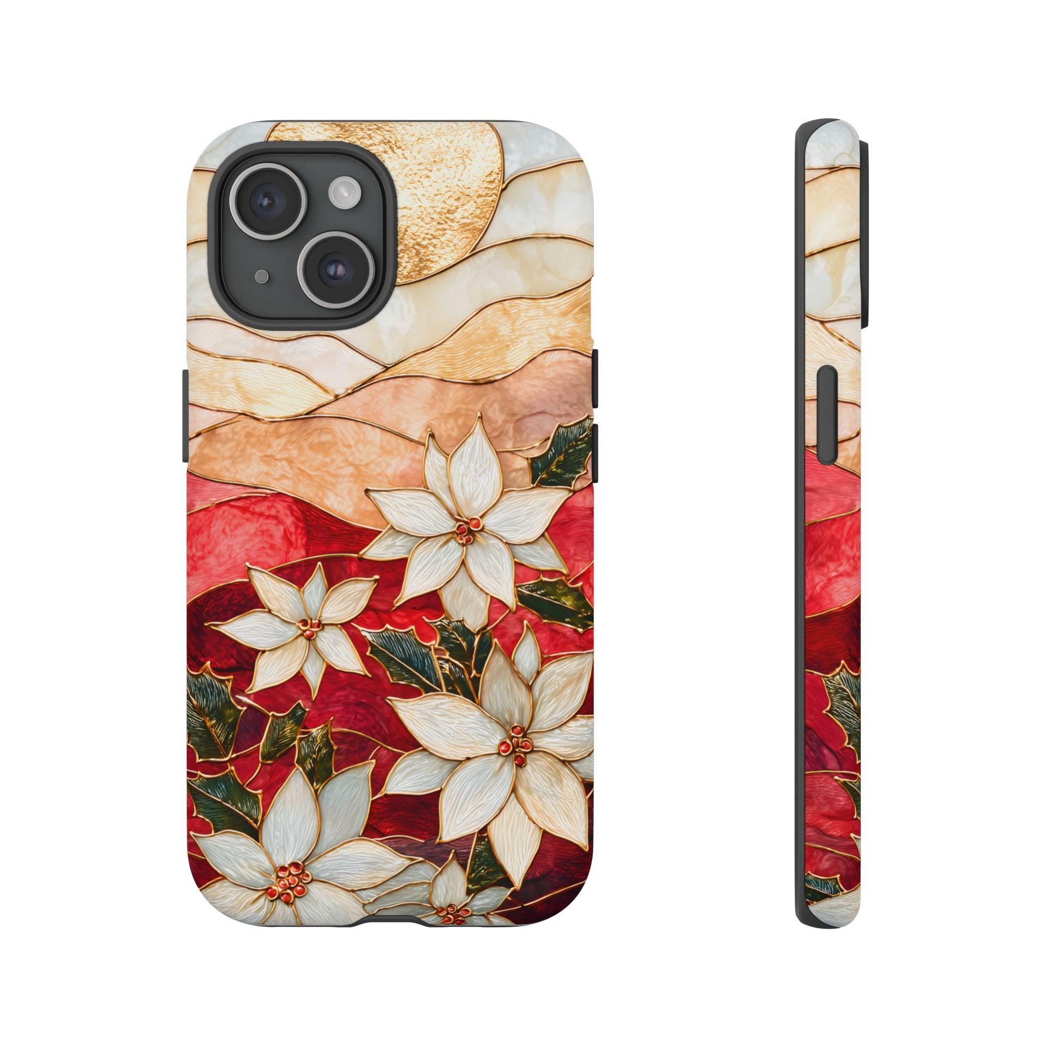 Poinsettia Stained Glass Christmas Phone Case: Festive Floral Cover iPhone Galaxy Pixel Red Gift