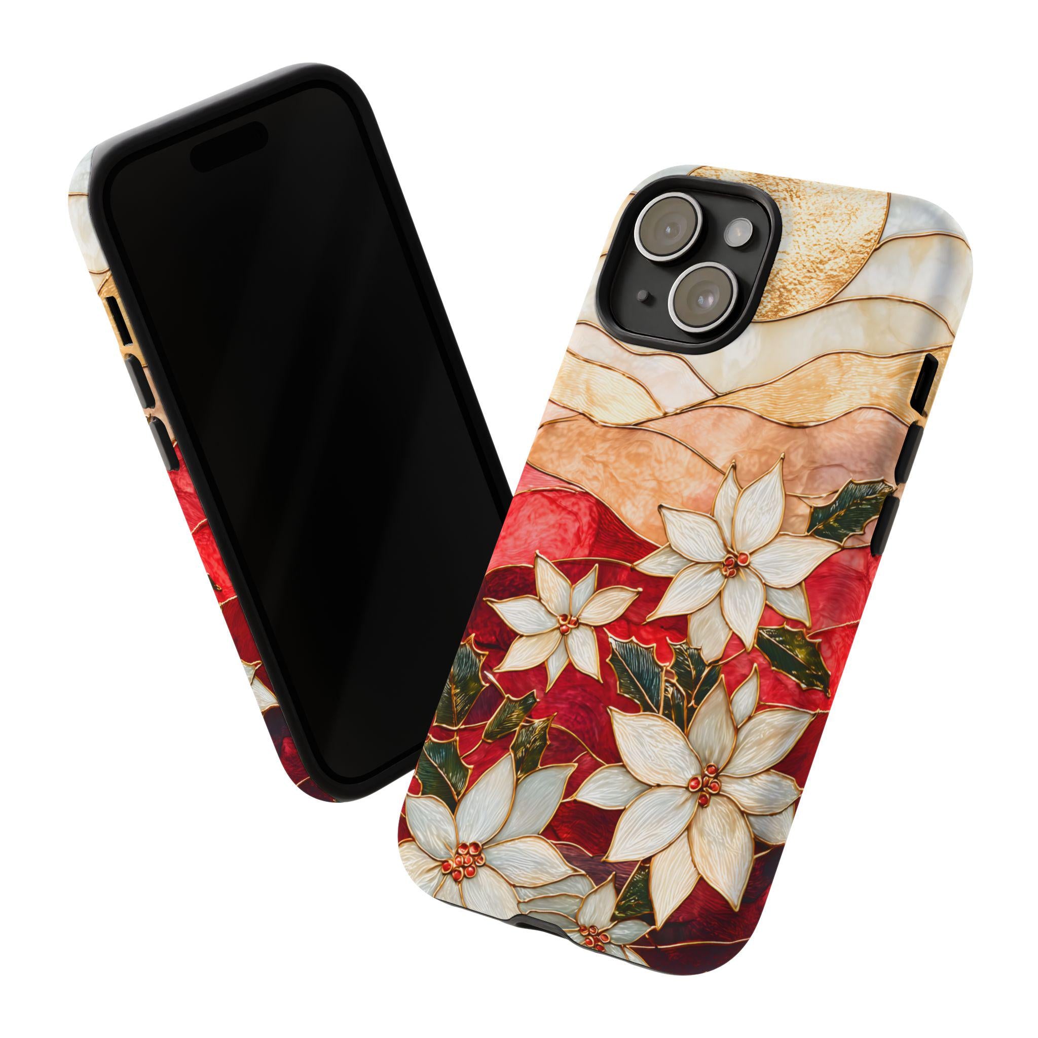 Poinsettia Stained Glass Christmas Phone Case: Festive Floral Cover iPhone Galaxy Pixel Red Gift