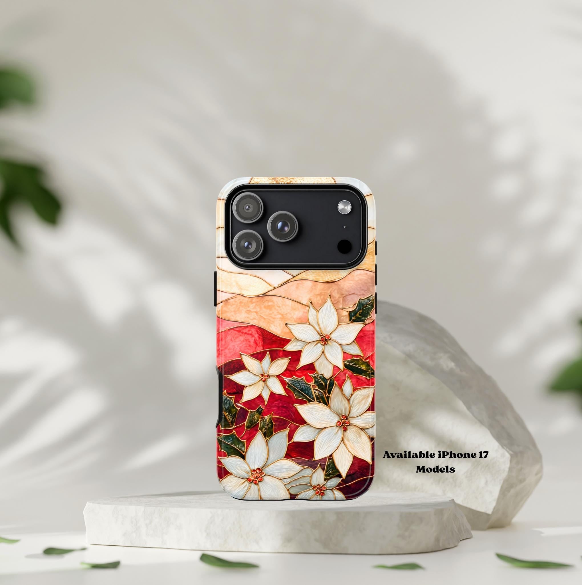 Poinsettia Stained Glass Christmas Phone Case: Festive Floral Cover iPhone Galaxy Pixel Red Gift