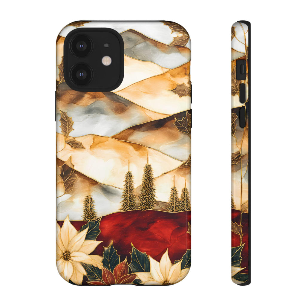 Christmas Phone Case-Stained Glass Poinsettia Design Boho Floral Holiday iPhone Galaxy Pixel Cover, Winter