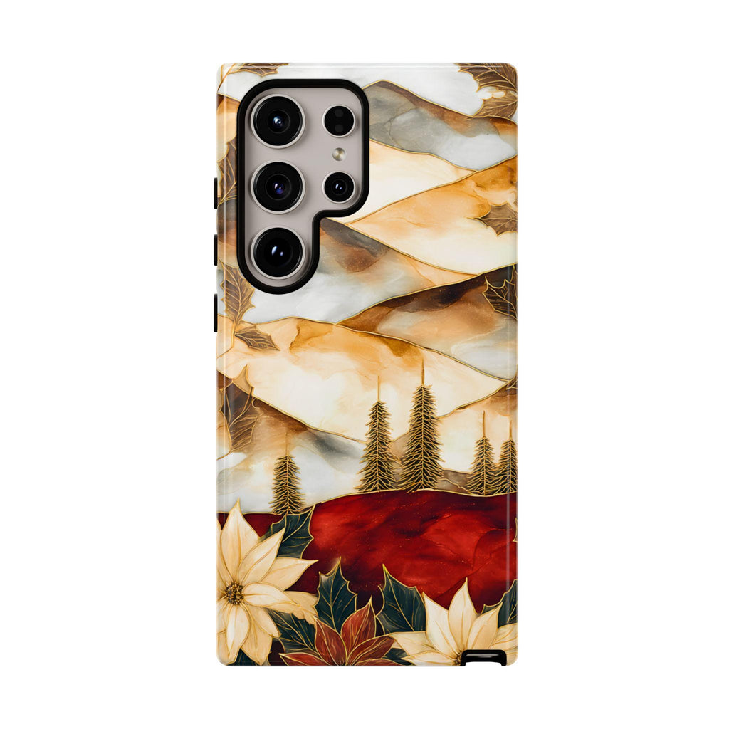 Christmas Phone Case-Stained Glass Poinsettia Design Boho Floral Holiday iPhone Galaxy Pixel Cover, Winter