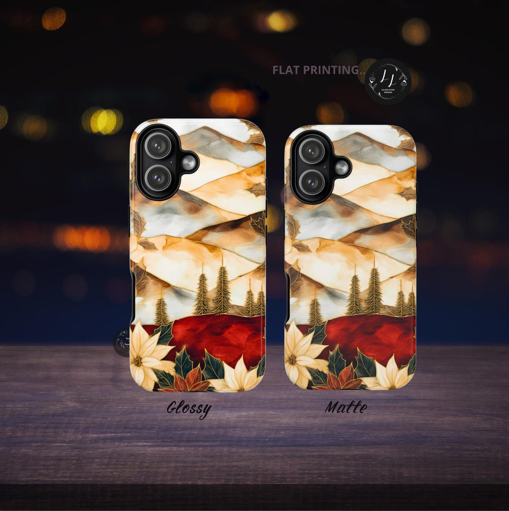 Christmas Phone Case-Stained Glass Poinsettia Design Boho Floral Holiday iPhone Galaxy Pixel Cover, Winter