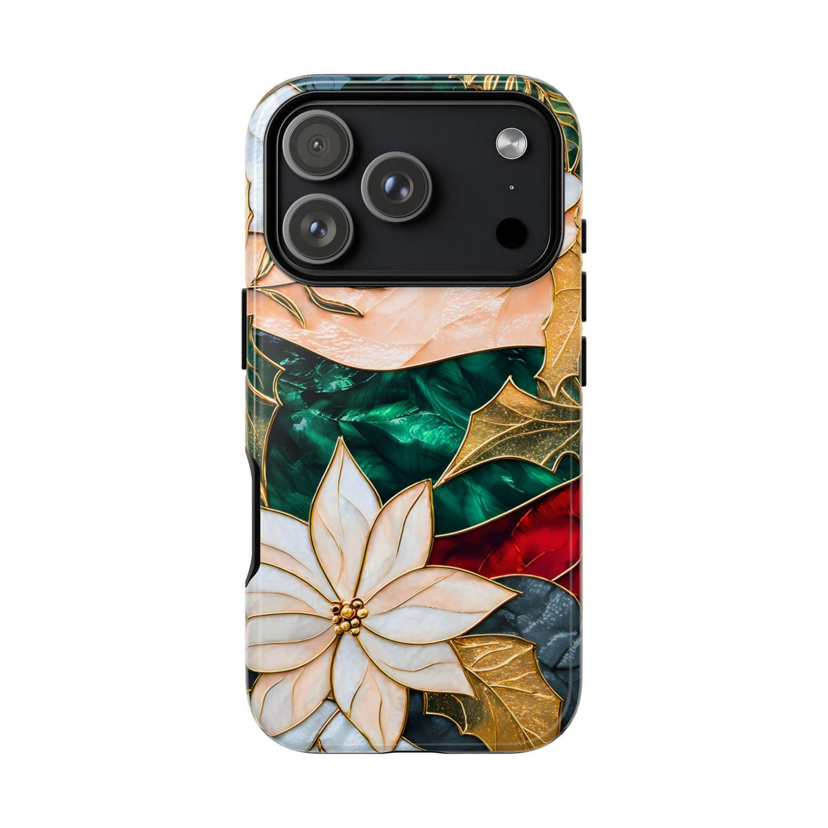 Christmas Phone Case Stained Glass Poinsettia Design Green Floral Holiday iPhone Galaxy Pixel Cover,