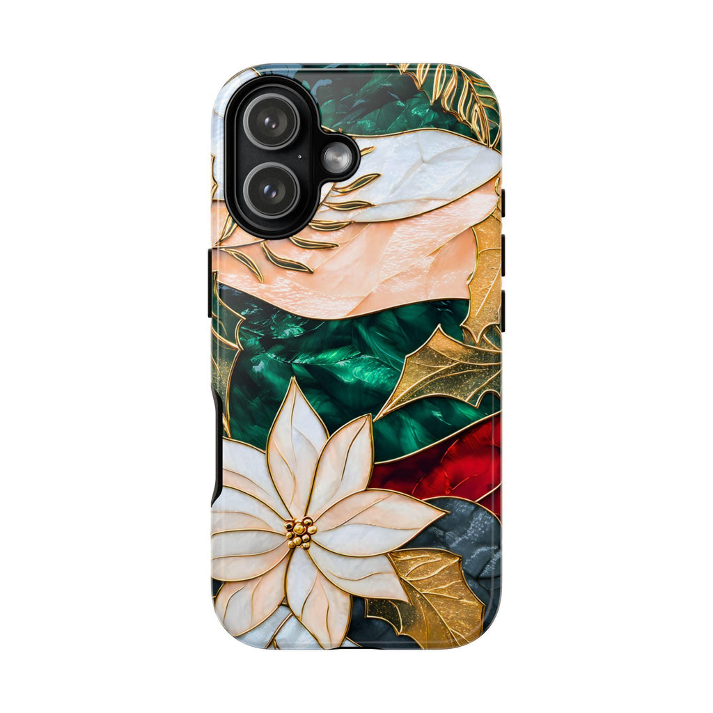 Christmas Phone Case Stained Glass Poinsettia Design Green Floral Holiday iPhone Galaxy Pixel Cover,