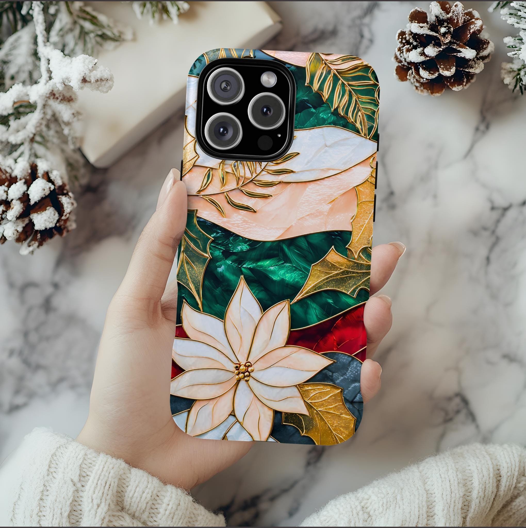 Christmas Phone Case Stained Glass Poinsettia Design Green Floral Holiday iPhone Galaxy Pixel Cover,