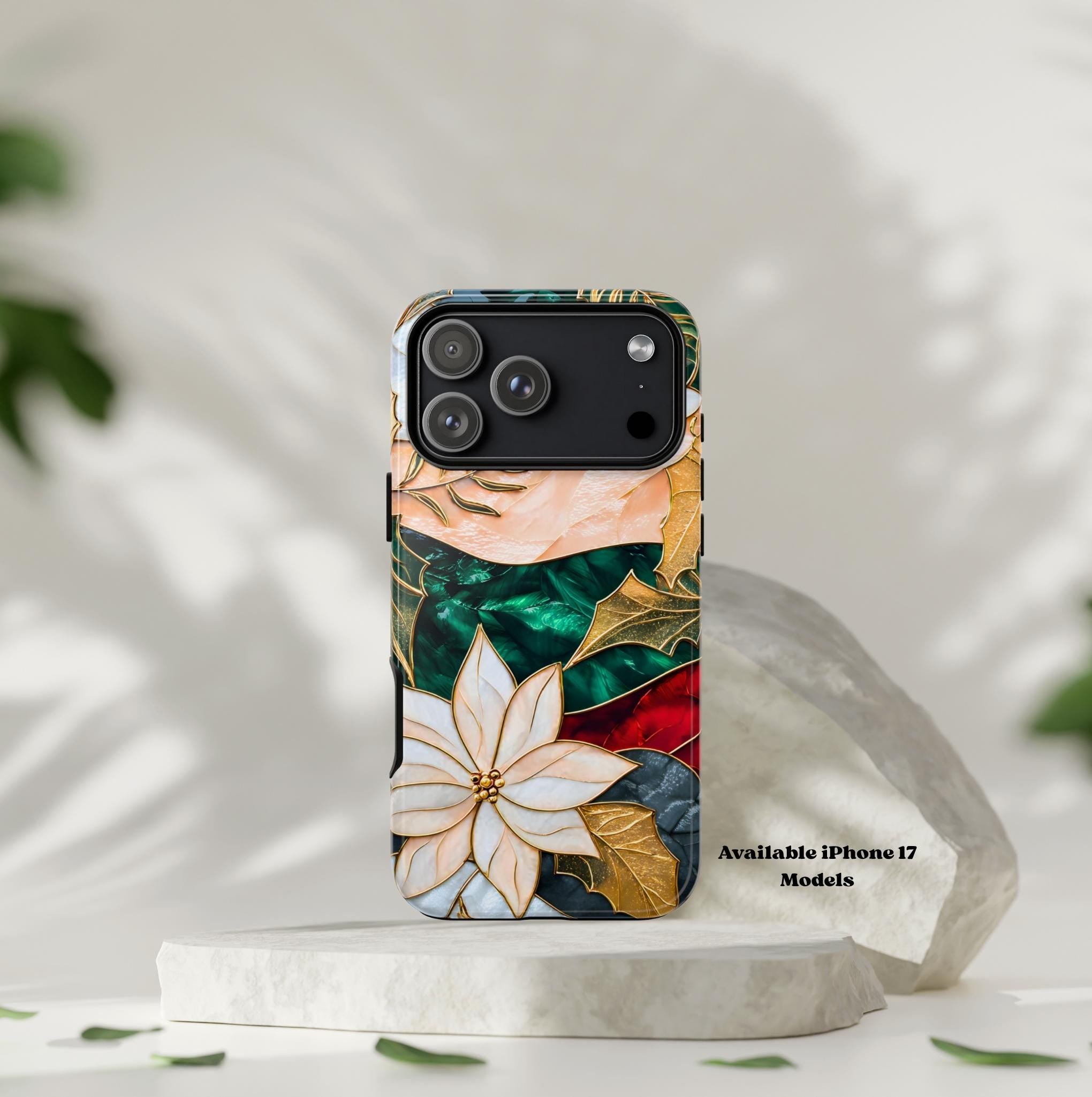 Christmas Phone Case Stained Glass Poinsettia Design Green Floral Holiday iPhone Galaxy Pixel Cover,