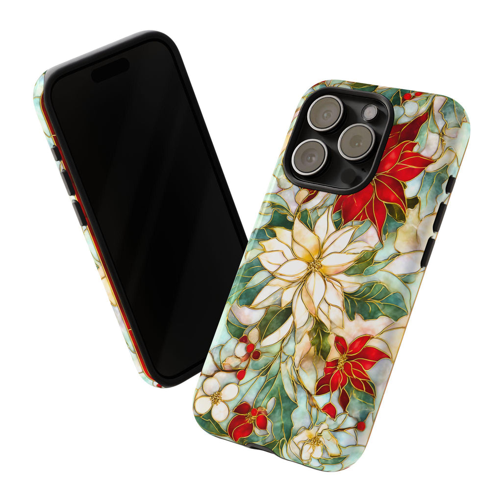 Christmas Leaves Phone Case Poinsettia Holly Stained Glass Effect, Festive Holiday iPhone Galaxy Pixel