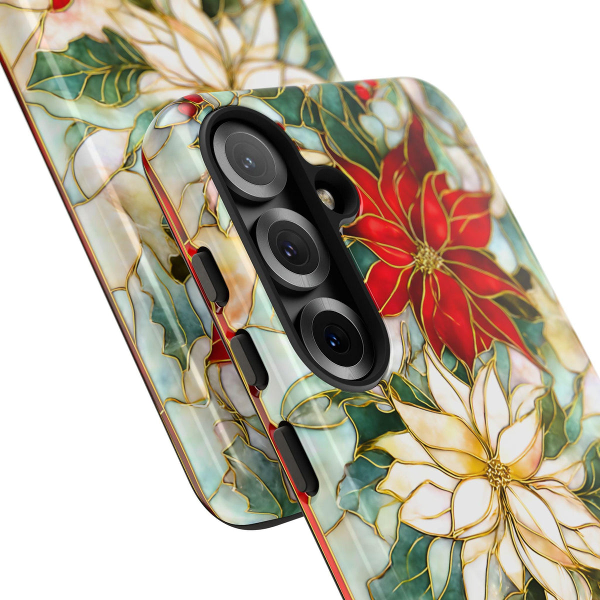 Christmas Leaves Phone Case Poinsettia Holly Stained Glass Effect, Festive Holiday iPhone Galaxy Pixel