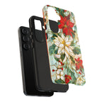 Christmas Leaves Phone Case Poinsettia Holly Stained Glass Effect, Festive Holiday iPhone Galaxy Pixel