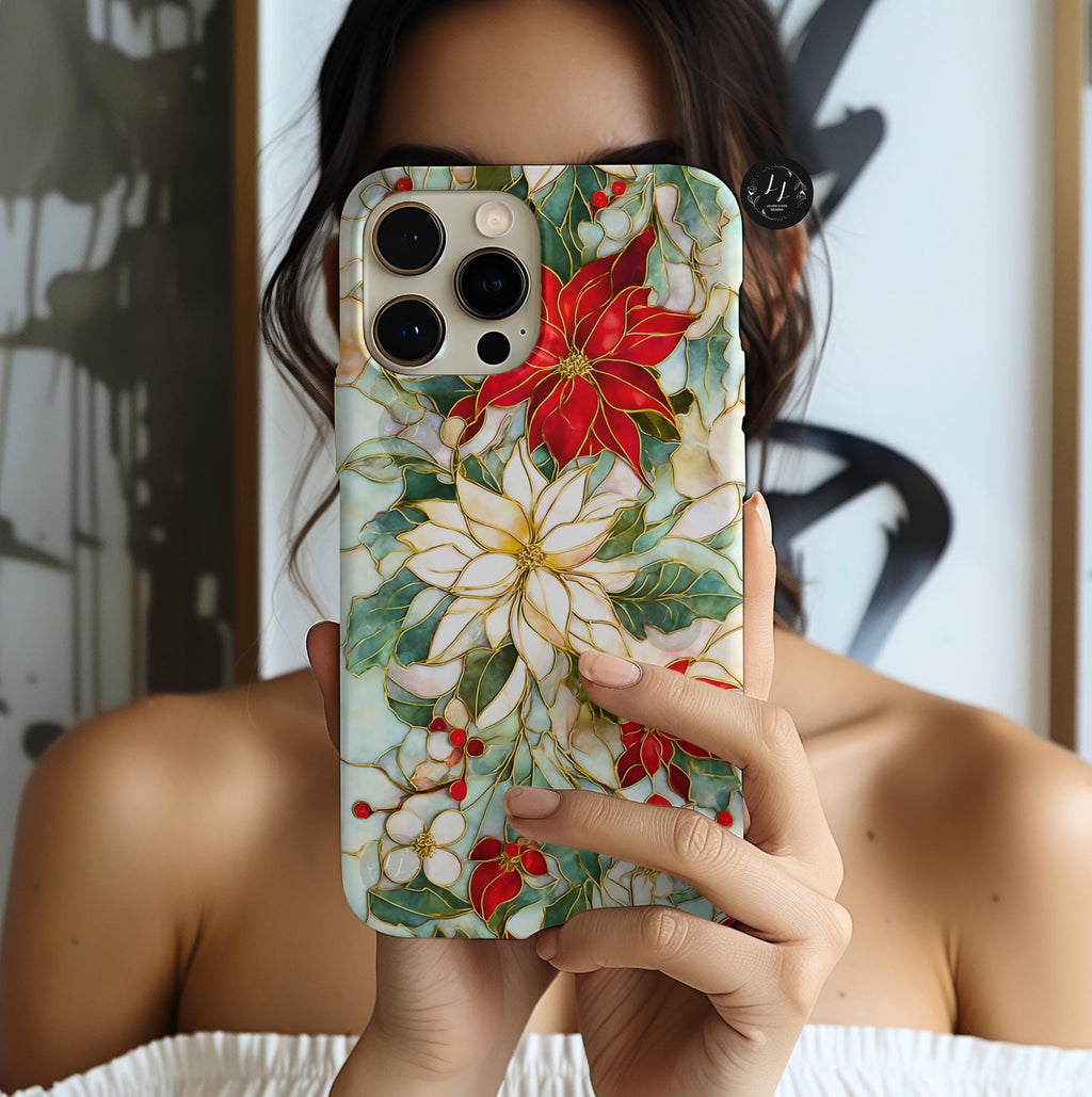 Christmas Leaves Phone Case Poinsettia Holly Stained Glass Effect, Festive Holiday iPhone Galaxy Pixel