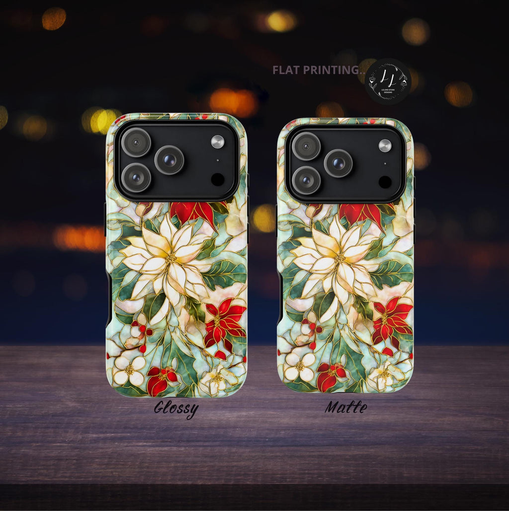 Christmas Leaves Phone Case Poinsettia Holly Stained Glass Effect, Festive Holiday iPhone Galaxy Pixel