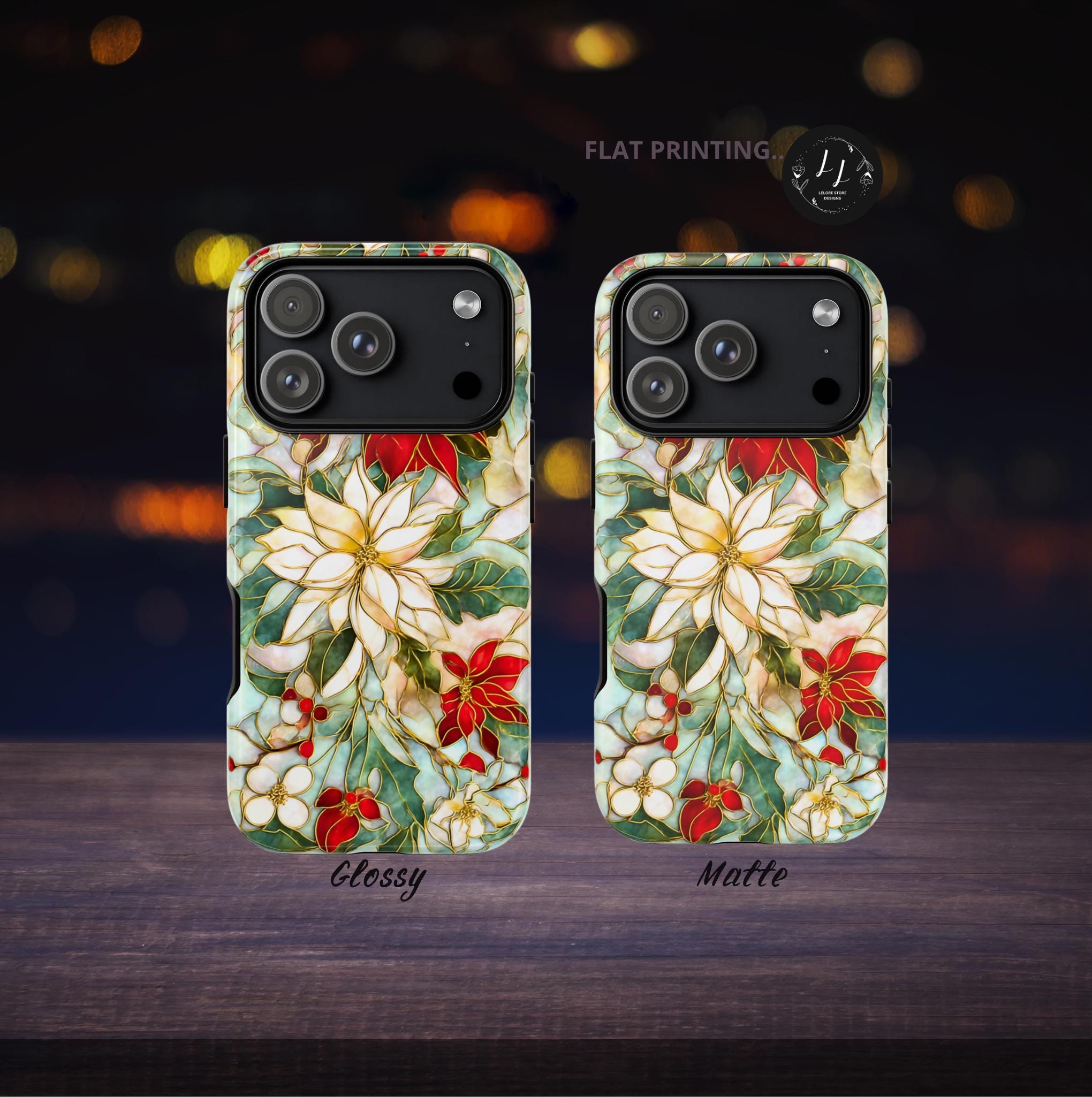 Christmas Leaves Phone Case Poinsettia Holly Stained Glass Effect, Festive Holiday iPhone Galaxy Pixel