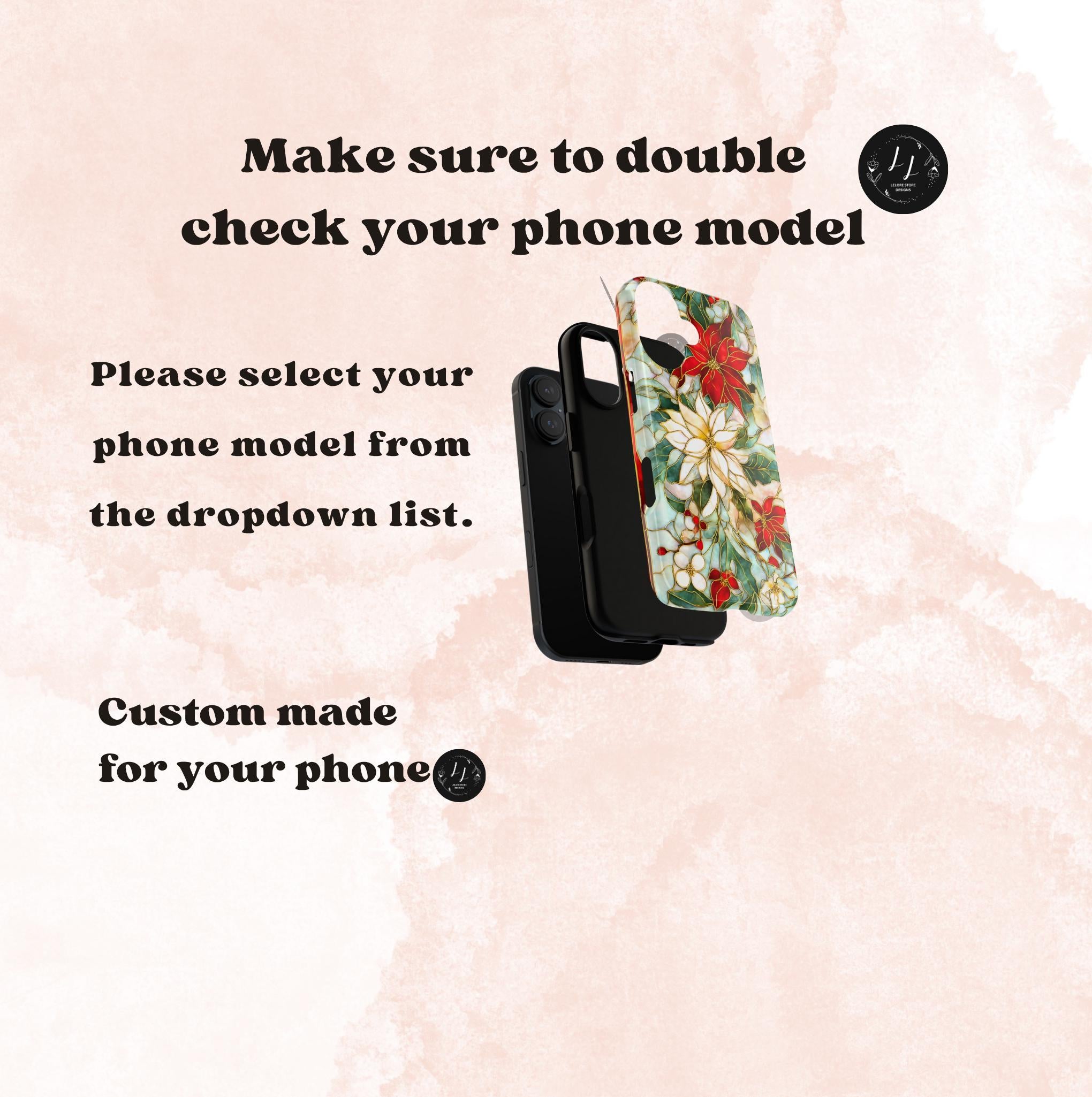 Christmas Leaves Phone Case Poinsettia Holly Stained Glass Effect, Festive Holiday iPhone Galaxy Pixel