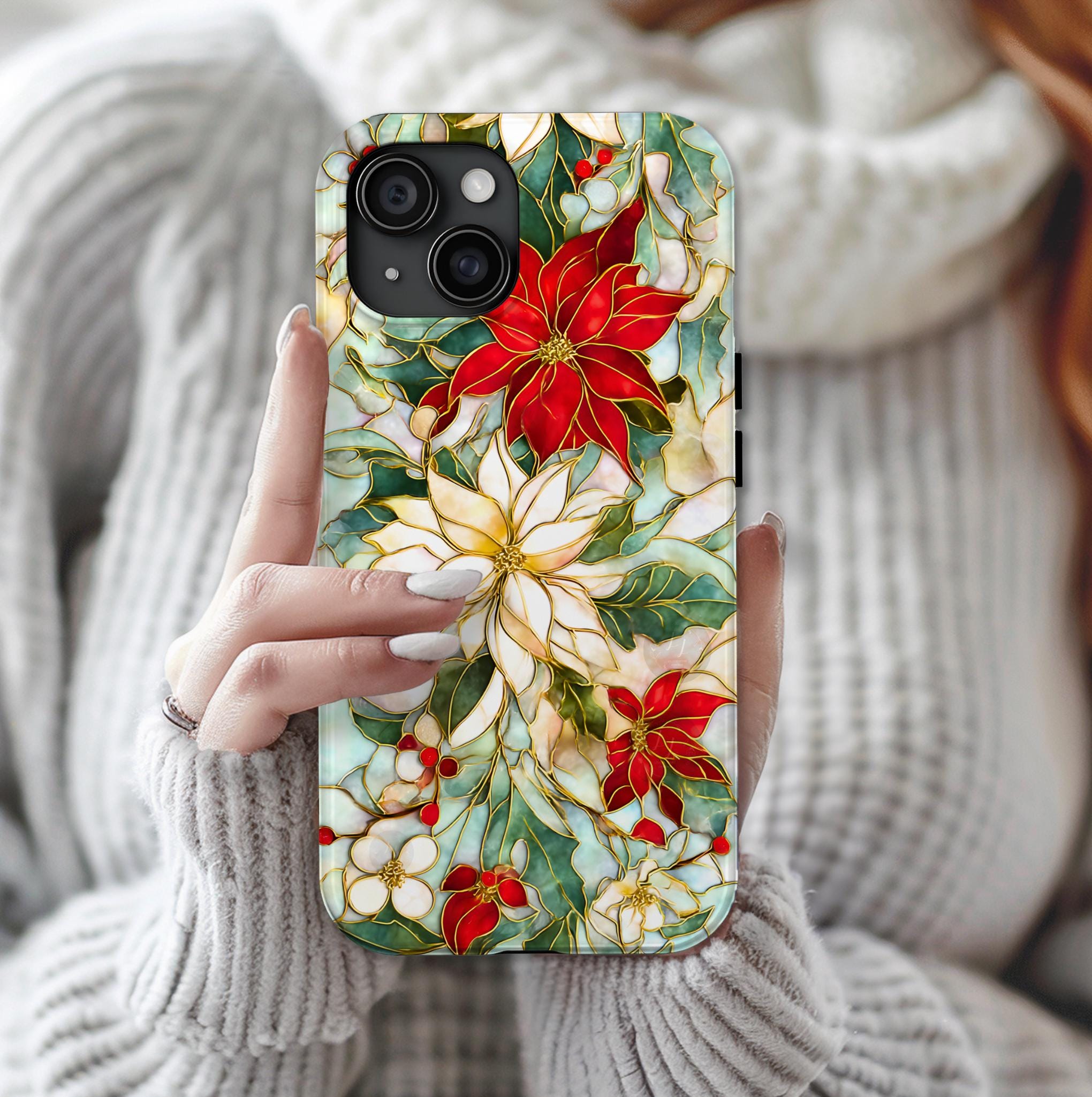 Christmas Leaves Phone Case Poinsettia Holly Stained Glass Effect, Festive Holiday iPhone Galaxy Pixel