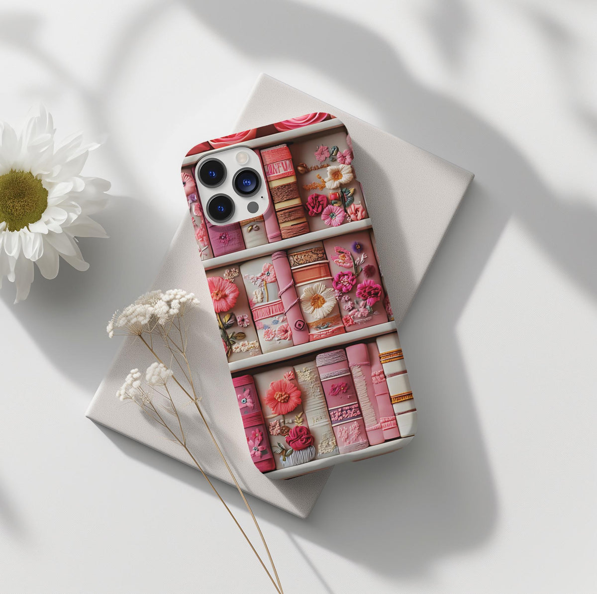 Pink Floral Bookish Phone Case:  Faux Embroidered Flowers Books Pixel Samsung iPhone Book Lovers