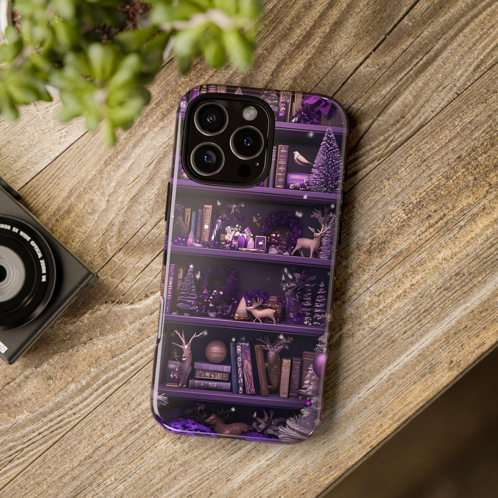 Christmas Bookshelf Phone Case, Holiday Dark Purple Bookish Cover iPhone Galaxy Pixel book lovers