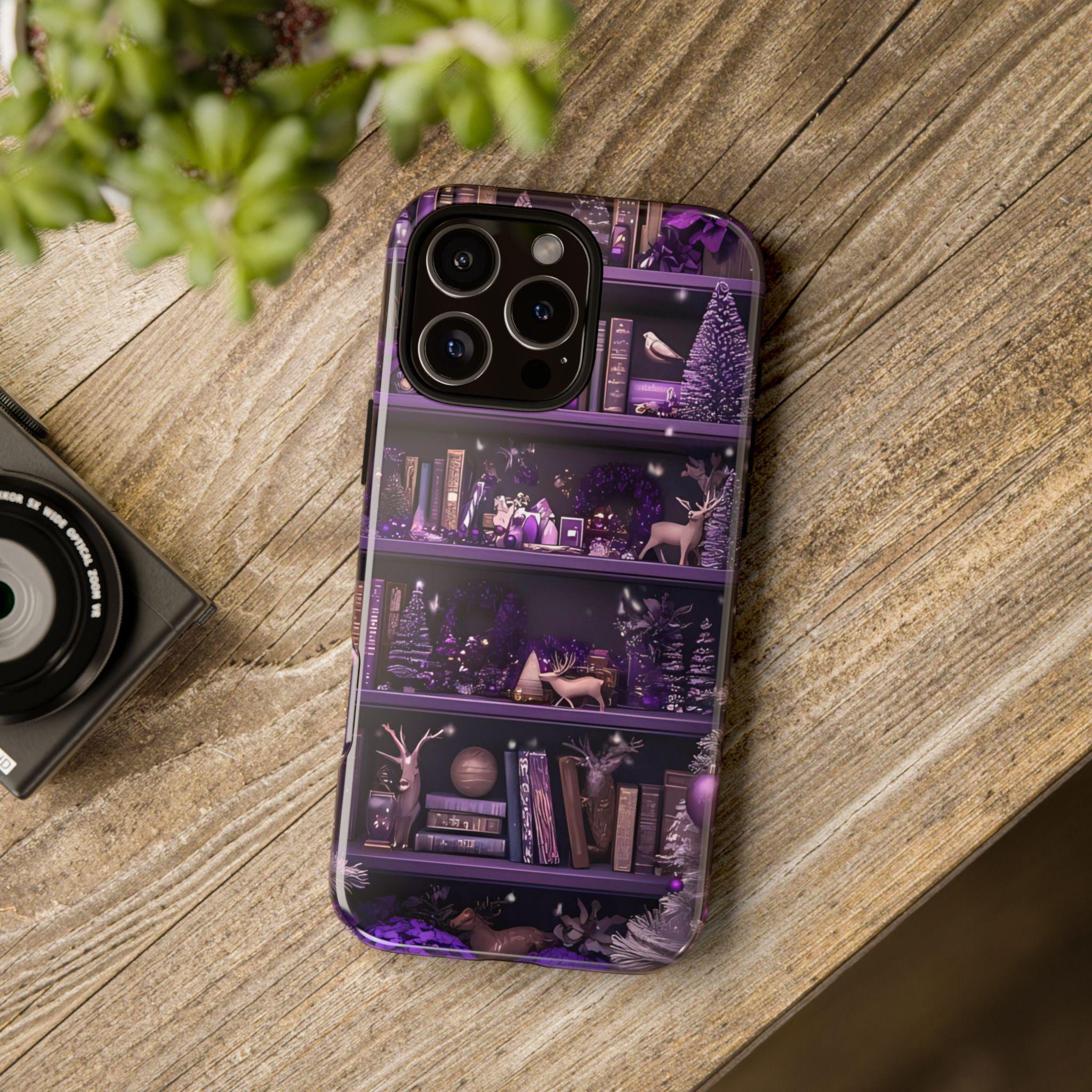 Christmas Bookshelf Phone Case, Holiday Dark Purple Bookish Cover iPhone Galaxy Pixel book lovers